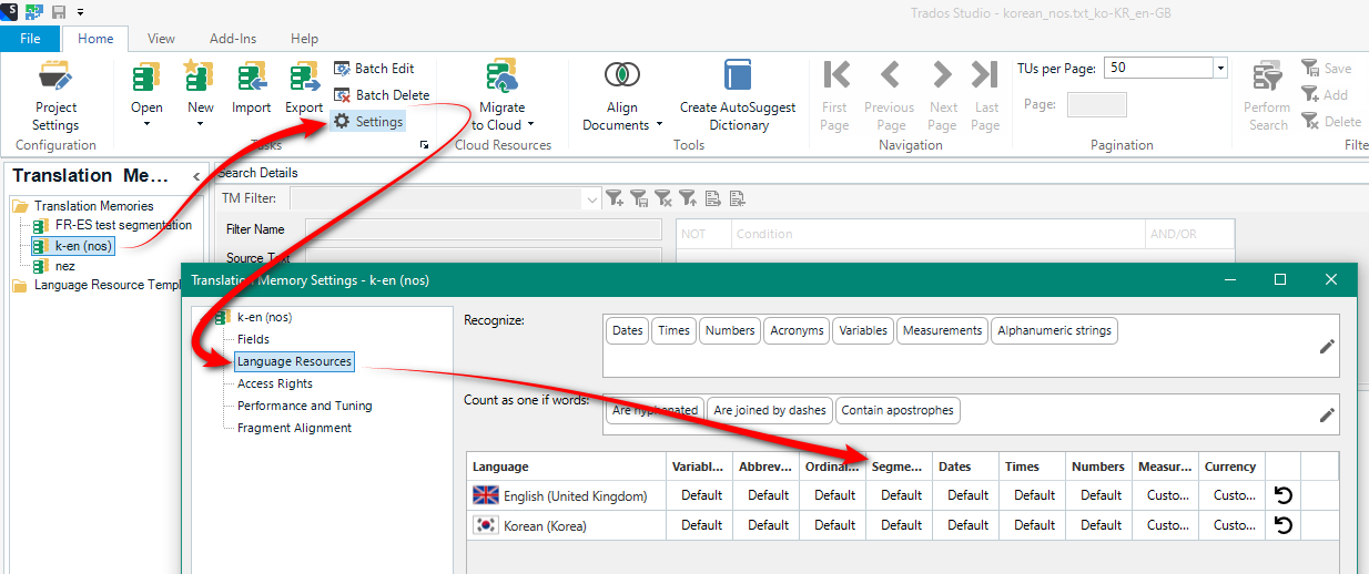 Trados Studio interface showing Translation Memory Settings for 'k-en (nos)' with options for recognizing dates, times, numbers, acronyms, variables, measurements, and alphanumeric strings. Red arrows point to 'Language Resources' and 'Segmentation Rules Editor'.
