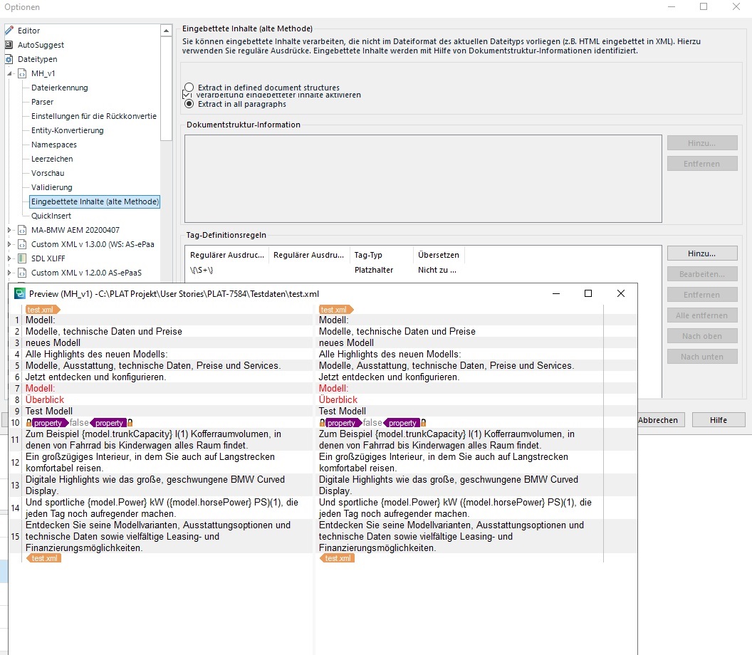 Screenshot of Trados Studio settings showing the 'Embedded Content (old method)' section with a list of file types and a preview of XML file type settings. No visible errors or warnings.