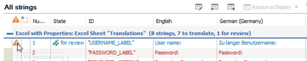 Screenshot of a translation list indicating 'Text too long' error for 'USERNAME_LABEL' with a warning icon.