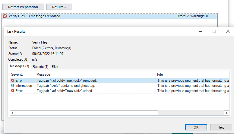 Trados Studio Verify Files dialog box displaying 2 errors and 1 information message about removed and added formatting tags, and a ghost tag in a translation segment.