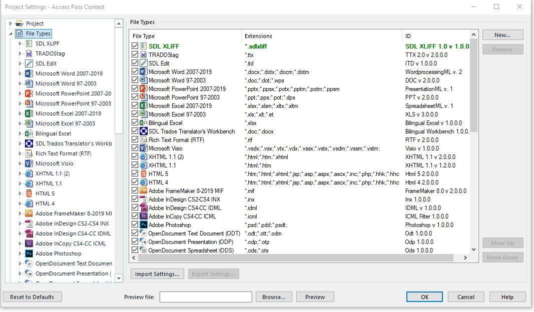 SDL Trados Studio Project Settings window showing a list of file types and their corresponding extensions and filter IDs.