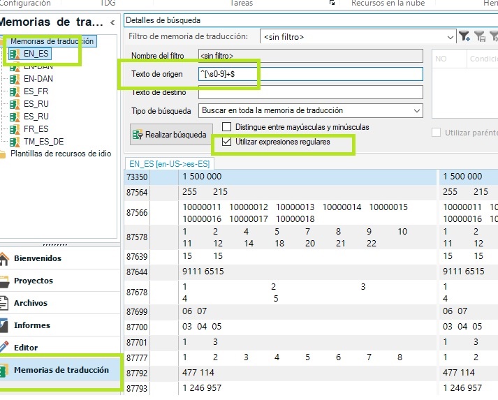 Trados Studio screenshot showing the Translation Memory search tab with a regex filter applied to find 'trash' segments containing numbers.