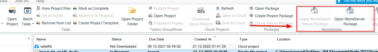 Trados Studio Projects ribbon with a highlighted section showing 'Create WorldServer Return Package' and 'Open WorldServer Package' options added after installing WorldServer plugin.