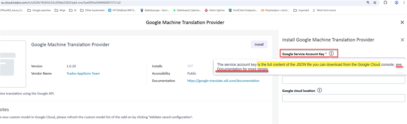 Google Machine Translation Provider page in Trados with an Install button and a note about the service account key being the full JSON file from Google Cloud.
