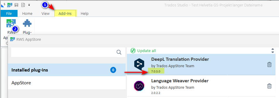 Trados Studio interface showing the Add-Ins tab highlighted, with the RWS AppStore selected. A list of installed plug-ins is empty. The DeepL Translation Provider plugin is visible with an update available indicated by a red arrow.