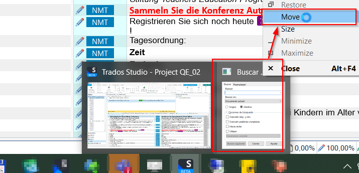 Screenshot of a Windows taskbar with Trados Studio and other applications, with a context menu open for the 'Search' window showing 'Move' option highlighted.