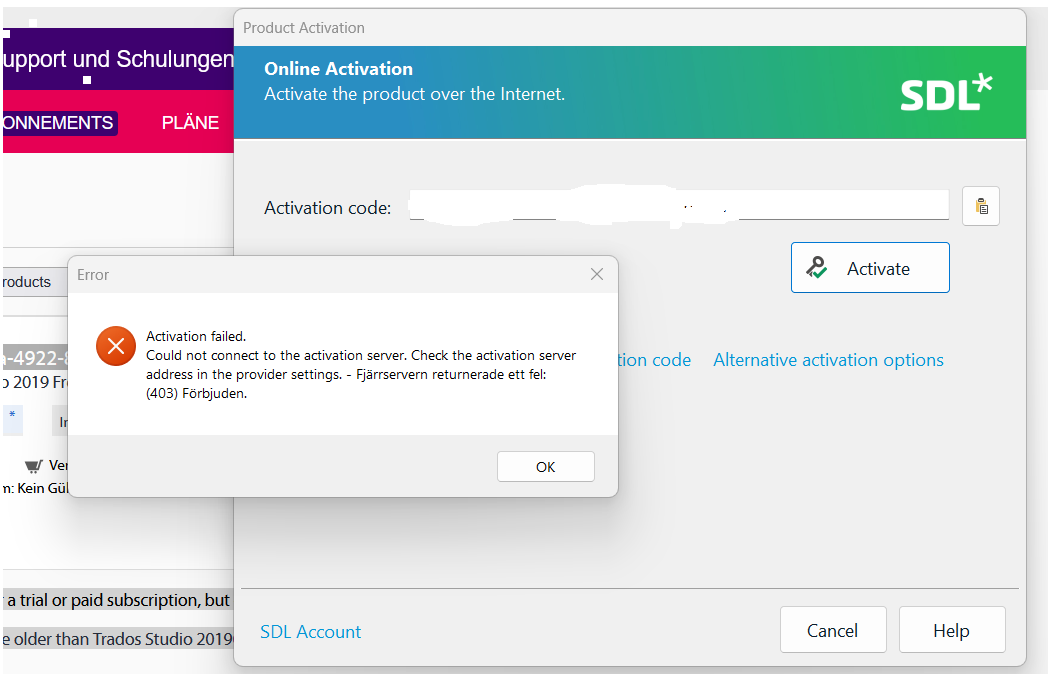 Product Activation window showing 'Online Activation' with an activation code field and an error message stating 'Activation failed. Could not connect to the activation server. Check the activation server address in the provider settings. - Fj rrservern returnerade ett fel: (403) F rbjuden.'