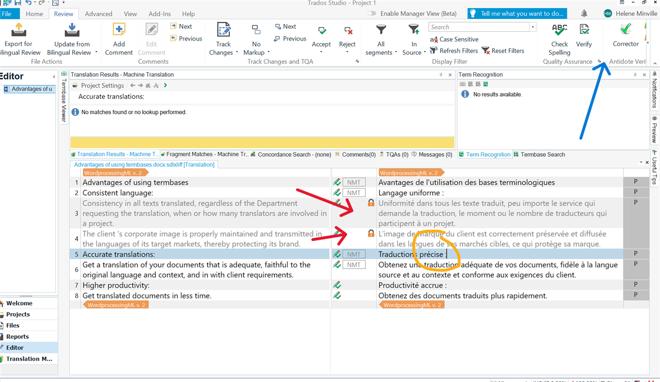 Screenshot of RWS Trados Studio with a document open. The 'Antidote Verifier' button is highlighted in the toolbar. Arrows point to segments labeled 'NMT' indicating machine translation. No visible errors or warnings.