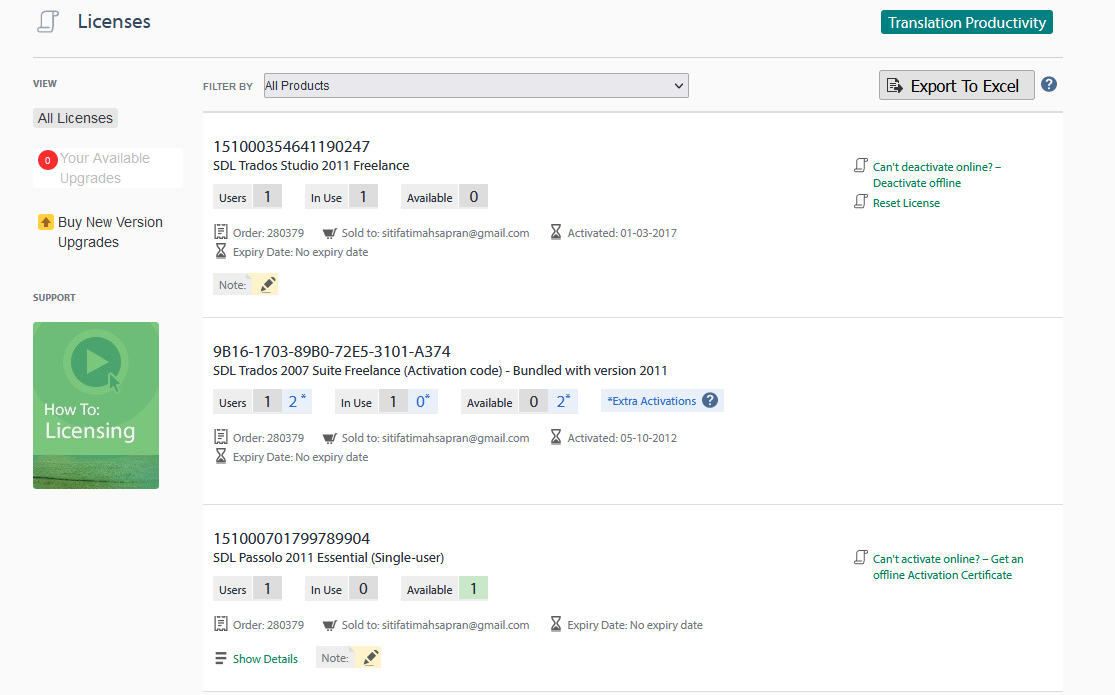 Screenshot of Trados Studio Licenses page showing no available upgrades for Trados 2019, with a notification for 'Your Available Upgrades' highlighted in red indicating zero upgrades.