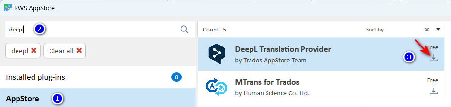 RWS AppStore search bar with 'deepl' entered, showing the DeepL Translation Provider plugin in the search results. The plugin is marked as free and has a download arrow icon.