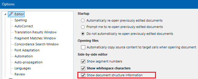 Options with Show document structure information checkbox highlighted