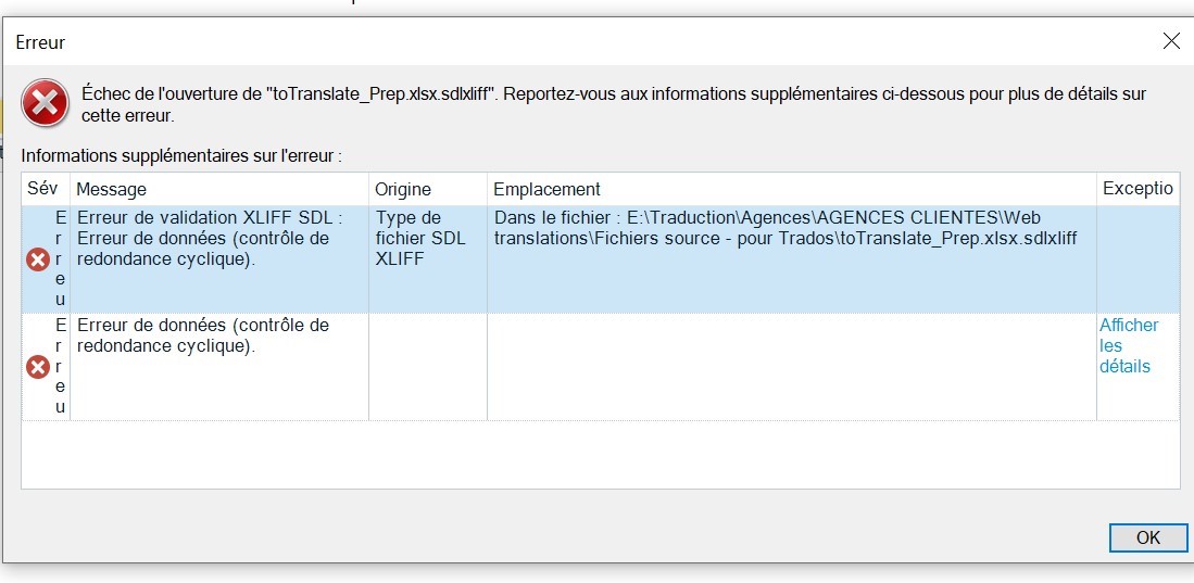 Error message in Trados Studio stating 'Failed to open toTranslate_Prep.xlsx.sdlxliff' with details about an SDL XLIFF validation error and data error (cyclic redundancy check).