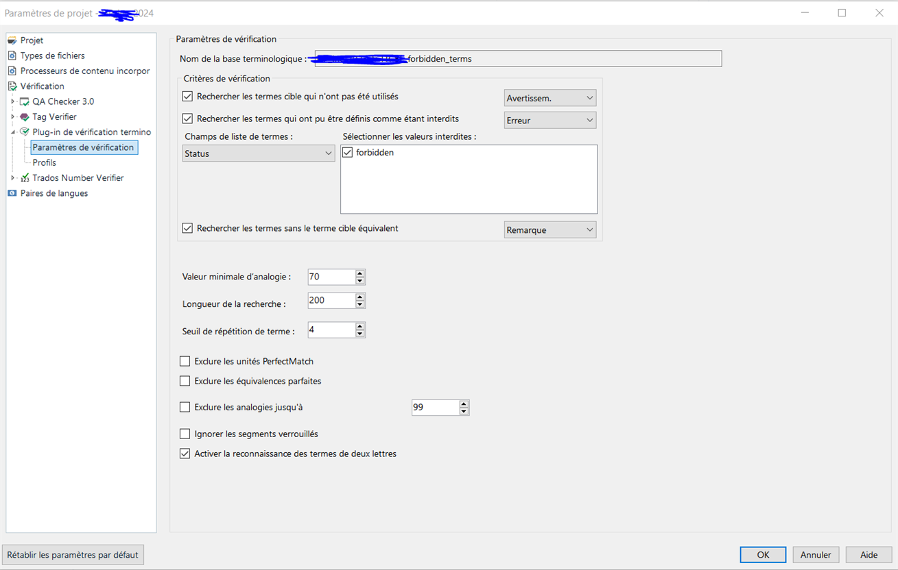 Screenshot of Trados QA Checker 3.0 settings with a focus on verification parameters for forbidden terms. A terminological database named 'forbidden_terms' is selected with various QA checks enabled.