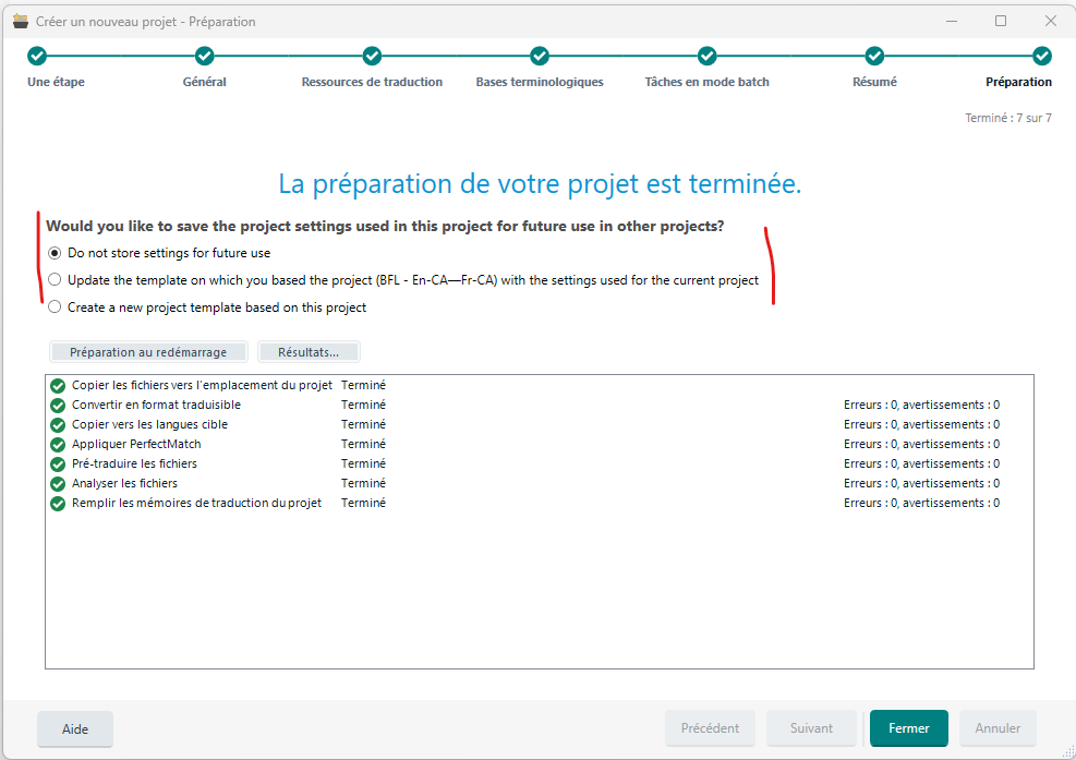 Screenshot of Trados Studio's New Project Wizard in Canadian French showing the completion of project preparation with a localization omission highlighted in red.