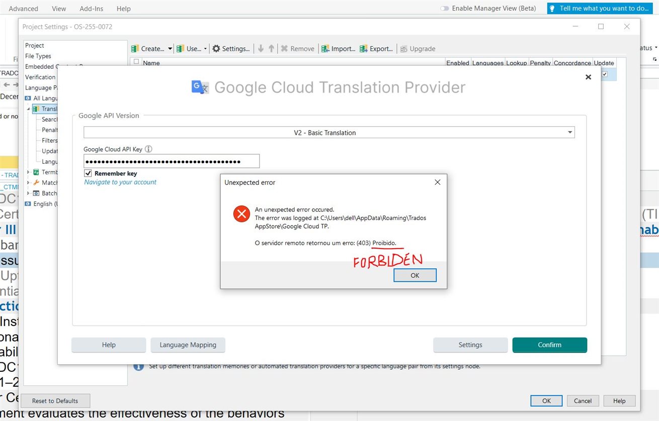 Screenshot of Trados software with an 'Unexpected error' dialog box over Google Cloud Translation Provider settings indicating a 403 Forbidden error.