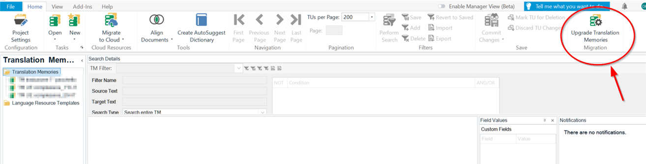 Trados Studio interface showing the 'Upgrade Translation Memories Migration' button highlighted with a red arrow.