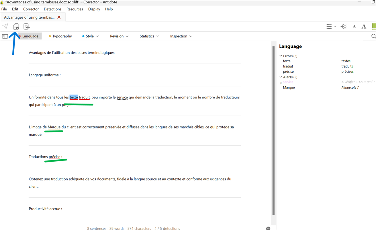 Screenshot of Antidote software showing a document with highlighted text. Errors are underlined in red, and alerts are underlined in blue. The right panel lists language errors and alerts with suggested corrections.