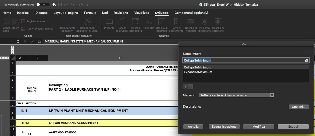 Excel macro window showing 'CollapsToMinimum' and 'ExpandToMaximum' macros with a spreadsheet in the background displaying 'MATERIAL HANDLING SYSTEM MECHANICAL EQUIPMENT' details.