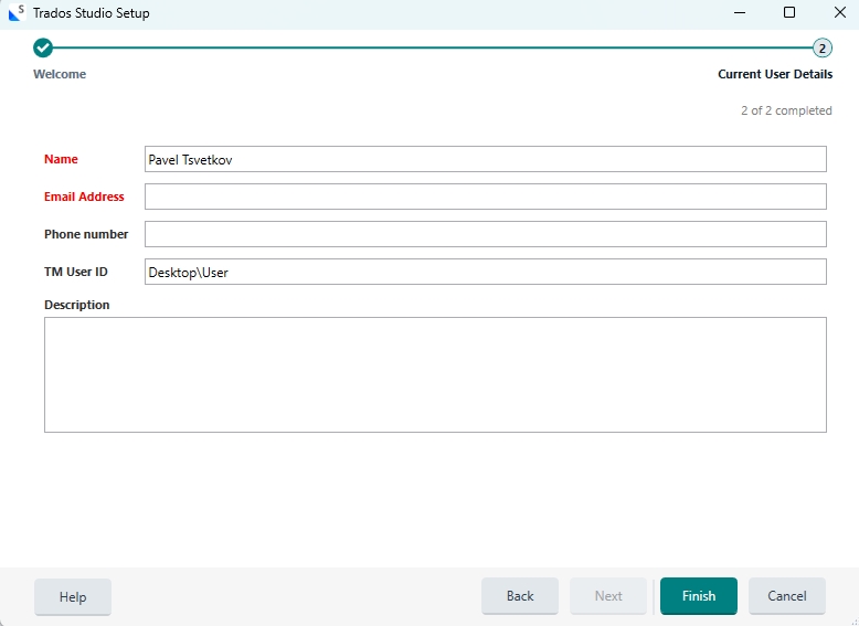 Trados Studio setup screen showing Current User Details form with Name pre-filled as 'Pavel Tsvetkov' and other fields blank. Step 2 of 2 completed.