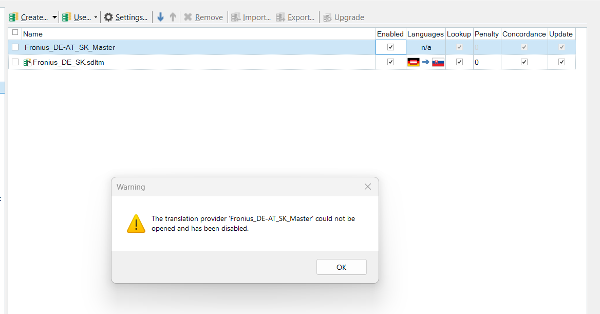 Warning message in Trados Studio stating 'The translation provider 'Fronius_DE_AT_SK_Master' could not be opened and has been disabled.' with an 'OK' button.