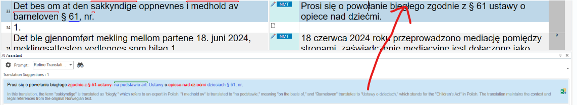 Screenshot of a translation software interface with two panels. The left panel shows text in Norwegian, and the right panel shows the translated text in Polish. There are annotations and suggestions from AI Assistant with highlighted terms and corresponding explanations at the bottom.