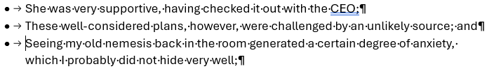 Screenshot showing three bullet points with text. The first mentions checking with the CEO, the second discusses plans being challenged, and the third describes anxiety in a room.
