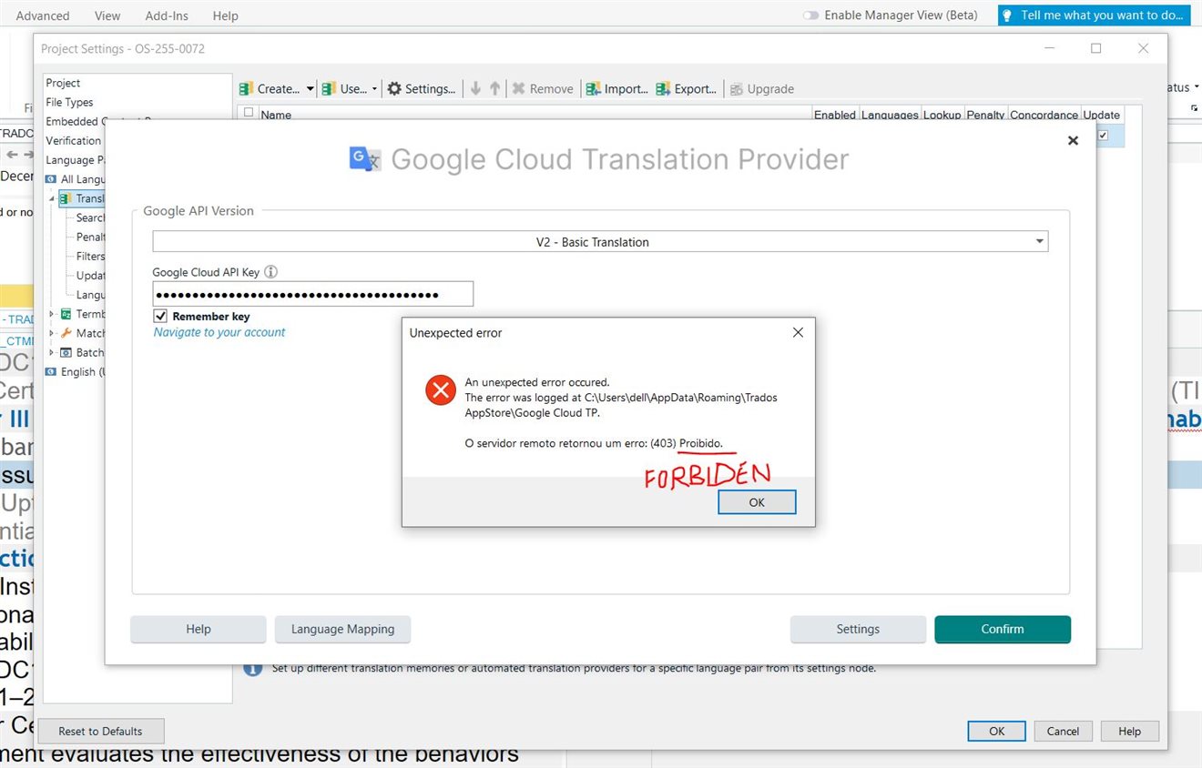 Screenshot of a software interface with a Google Cloud Translation Provider settings window open, showing an 'Unexpected error' message box with 'ERROR (403) - Forbidden' and a file path where the error was logged.
