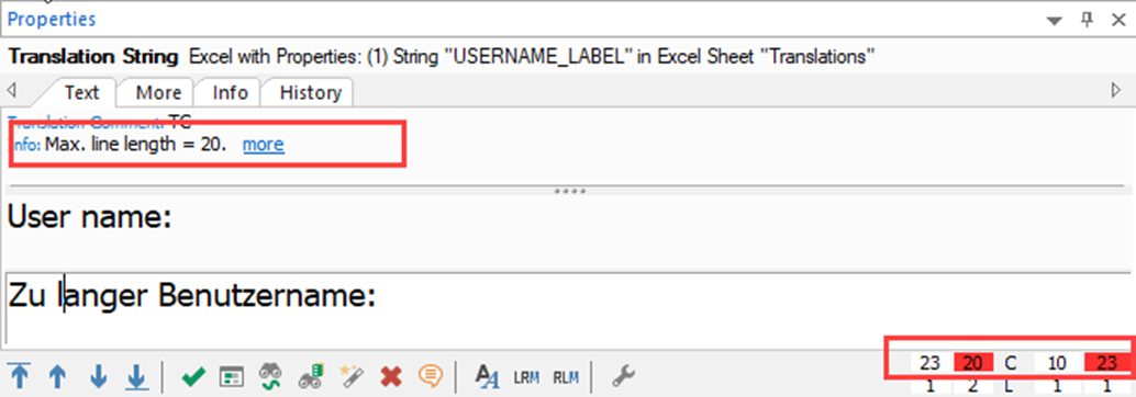 Screenshot of a translation string panel with an info box highlighting 'Max. line length = 20' and a character count showing a violation with 23 characters.