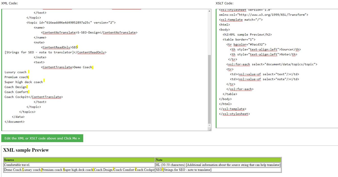 Split screen with XML code on the left and XSLT code on the right, with a preview section below showing how the XML content will appear.