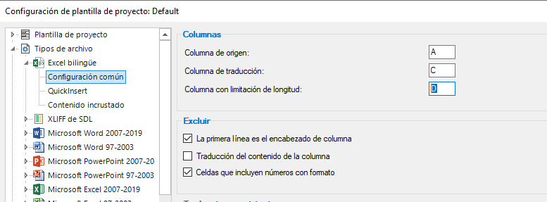 Screenshot of Trados Studio project settings with 'Columnas' section showing 'Columna de origen' as A, 'Columna de traduccion' as C, and 'Columna con limitacion de longitud' as D.