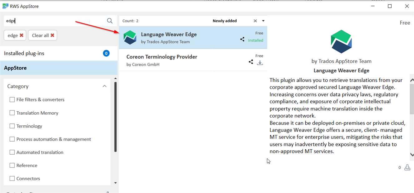 Trados Studio AppStore interface showing a search for 'edge' with Language Weaver Edge plugin installed and Coreon Terminology Provider plugin available for download.