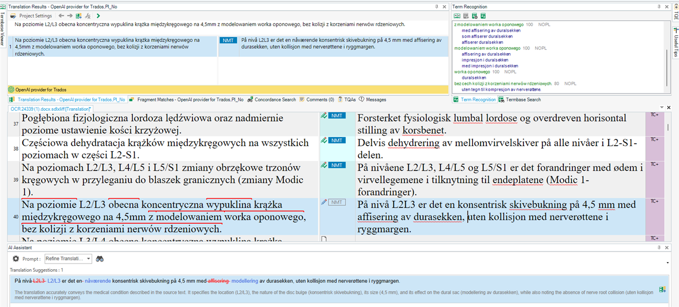 Screenshot of a translation software interface highlighting a Polish medical term 'Na poziomie L2L3 obecna koncentryczna wypuklina krazka miedzykregowego na 4,5mm z modelowaniem worka oponowego, bez kolizji z korzeniami nerwow rdzeniowych' with a Norwegian translation suggestion.