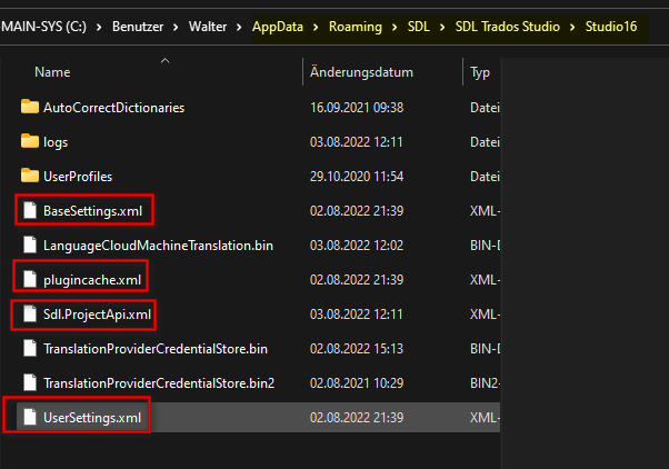 Screenshot of SDL Trados Studio folder within 'Studio 16' directory, highlighting XML files: BaseSettings.xml, plugincache.xml, Sdl.ProjectApi.xml, and UserSettings.xml.