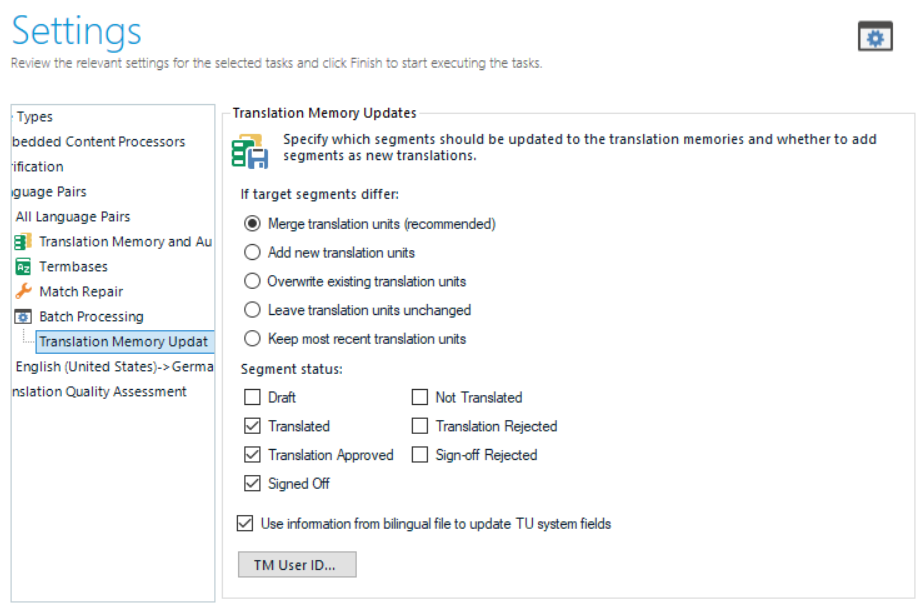 Trados Studio settings window showing 'Translation Memory Updates' with options for segment status and updating translation memories.