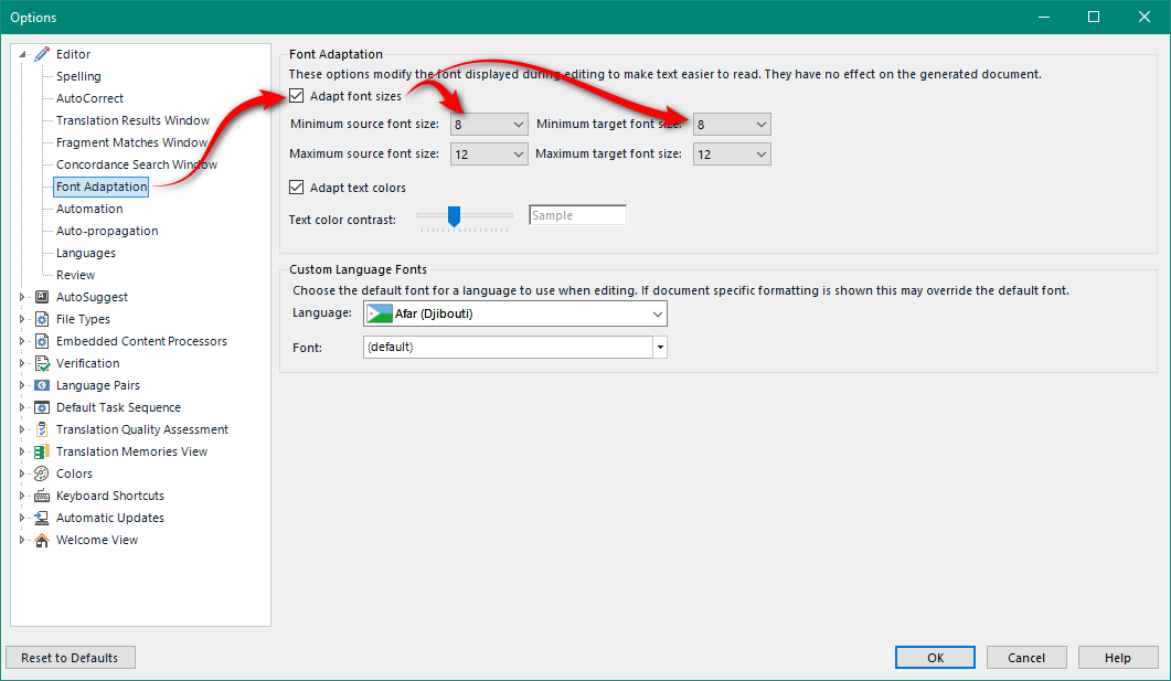 Trados Studio Options window showing Editor settings with Font Adaptation section highlighted. Minimum and maximum source and target font sizes are set to 8 and 12 respectively. Adapt text colors checkbox is checked.