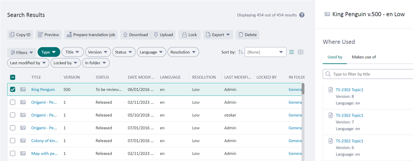 Screenshot of Tridion Docs interface showing 'Search Results' with a list of documents. The 'King Penguin' document is highlighted, indicating a status 'To be reviewed'. On the right, the 'Where Used' panel displays 'Used by' tab with a list of topics using 'King Penguin'.