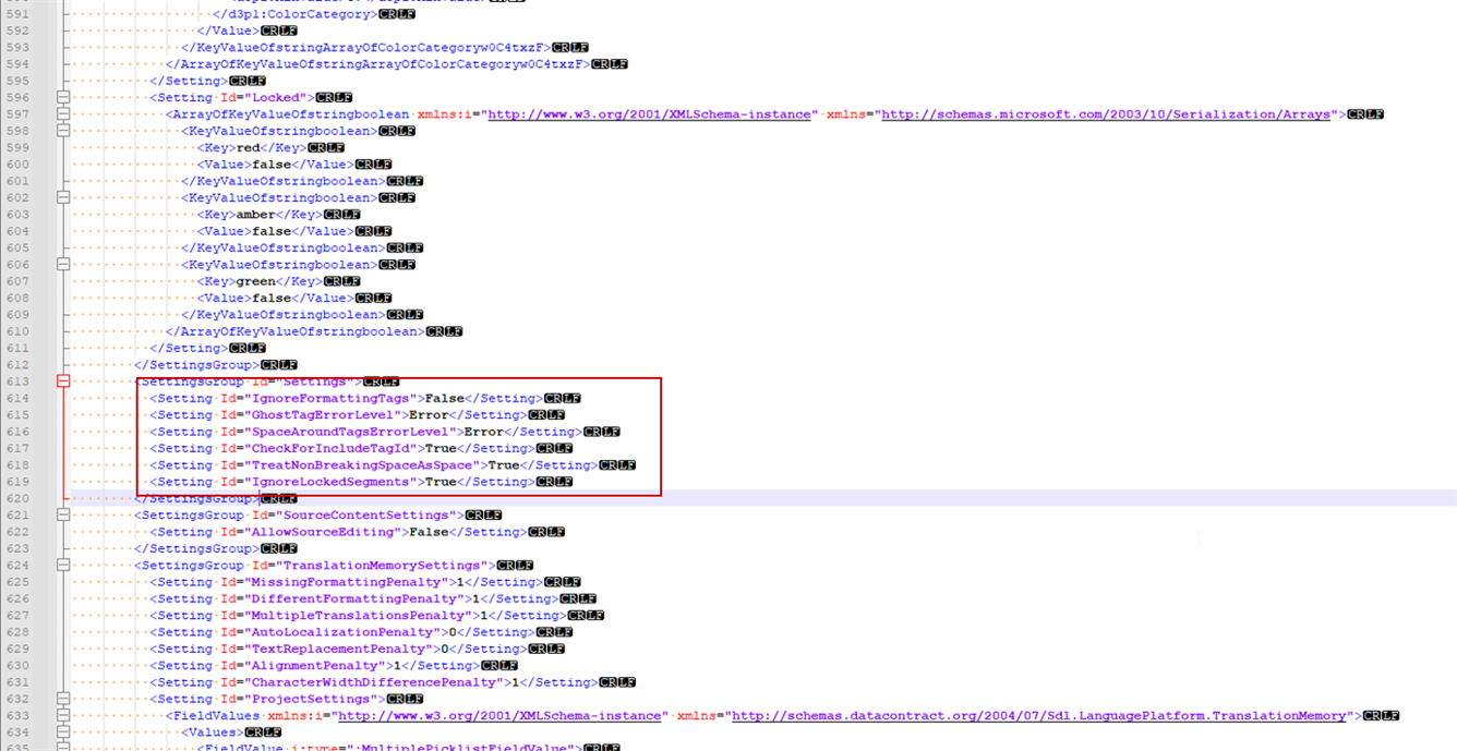 Screenshot of an XML code snippet from an SDLPROJ file showing QA settings with various Setting Ids and values, with a red box highlighting missing parameters.
