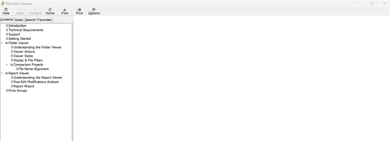 Screenshot of the Post-Edit Compare help guide with a blank content area on the right and a table of contents on the left showing sections like Introduction, Support, and Report Viewer.