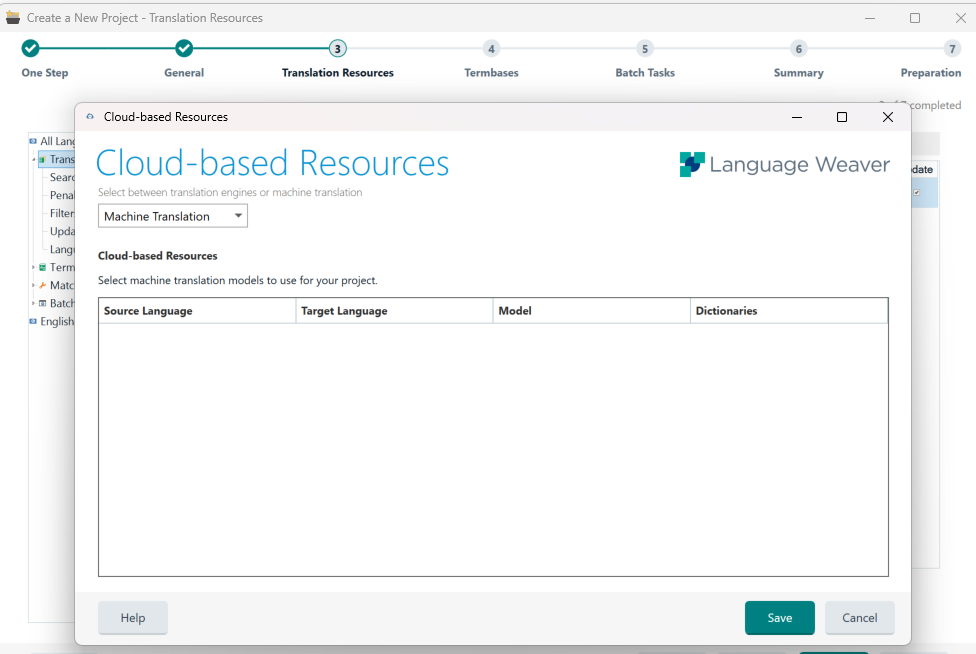 Screenshot of Trados 'Cloud-based Resources' window with Machine Translation section open, but no translation models or dictionaries listed.