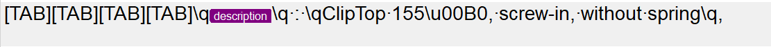 Screenshot showing CSV content with multiple TAB placeholders and a highlighted error in the description field.