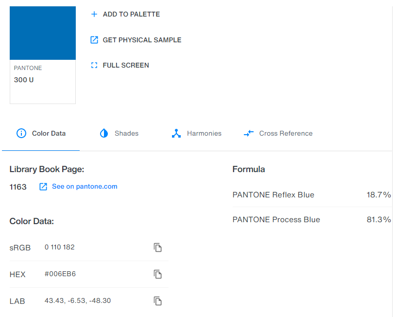 Screenshot showing Pantone 300 U color with options to add to palette, get physical sample, and full screen. Color data and formula are displayed with sRGB, HEX, and LAB values.