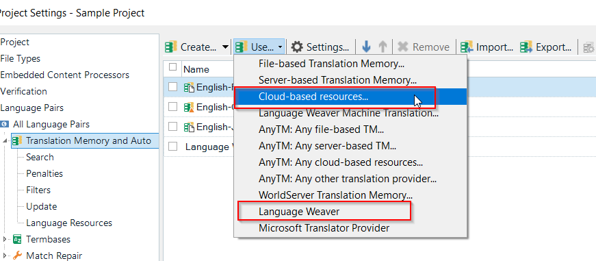 Trados Studio project settings window showing options for Translation Memory and Automated Translation with 'Cloud-based resources' and 'Language Weaver' highlighted.