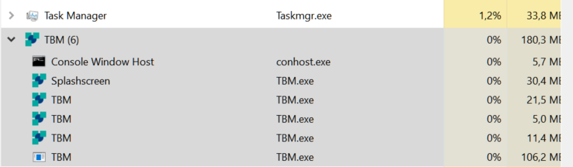 Screenshot of Windows Task Manager showing multiple instances of TBM.exe and a Console Window Host process running with no CPU usage.