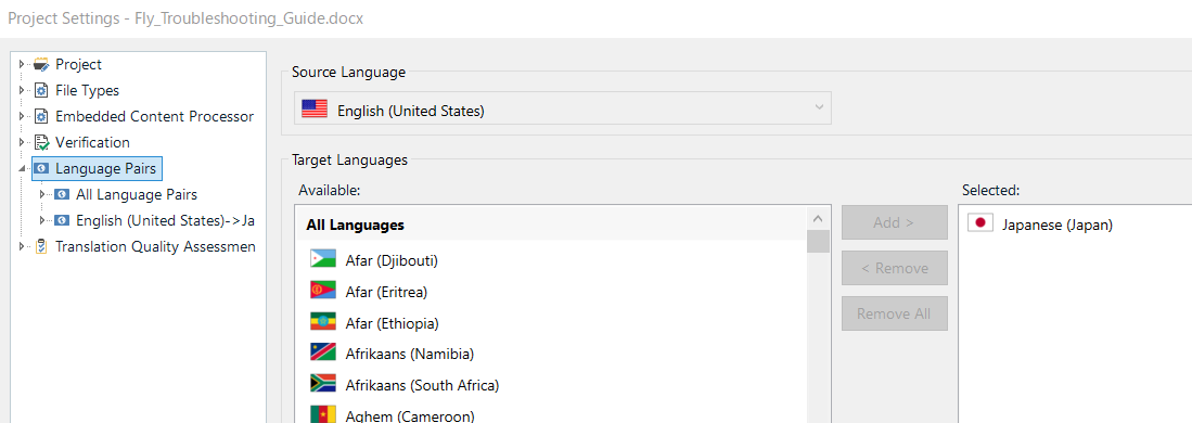 Screenshot of Trados Studio Project Settings showing Language Pairs with English (United States) as the Source Language and Japanese (Japan) as the Target Language.