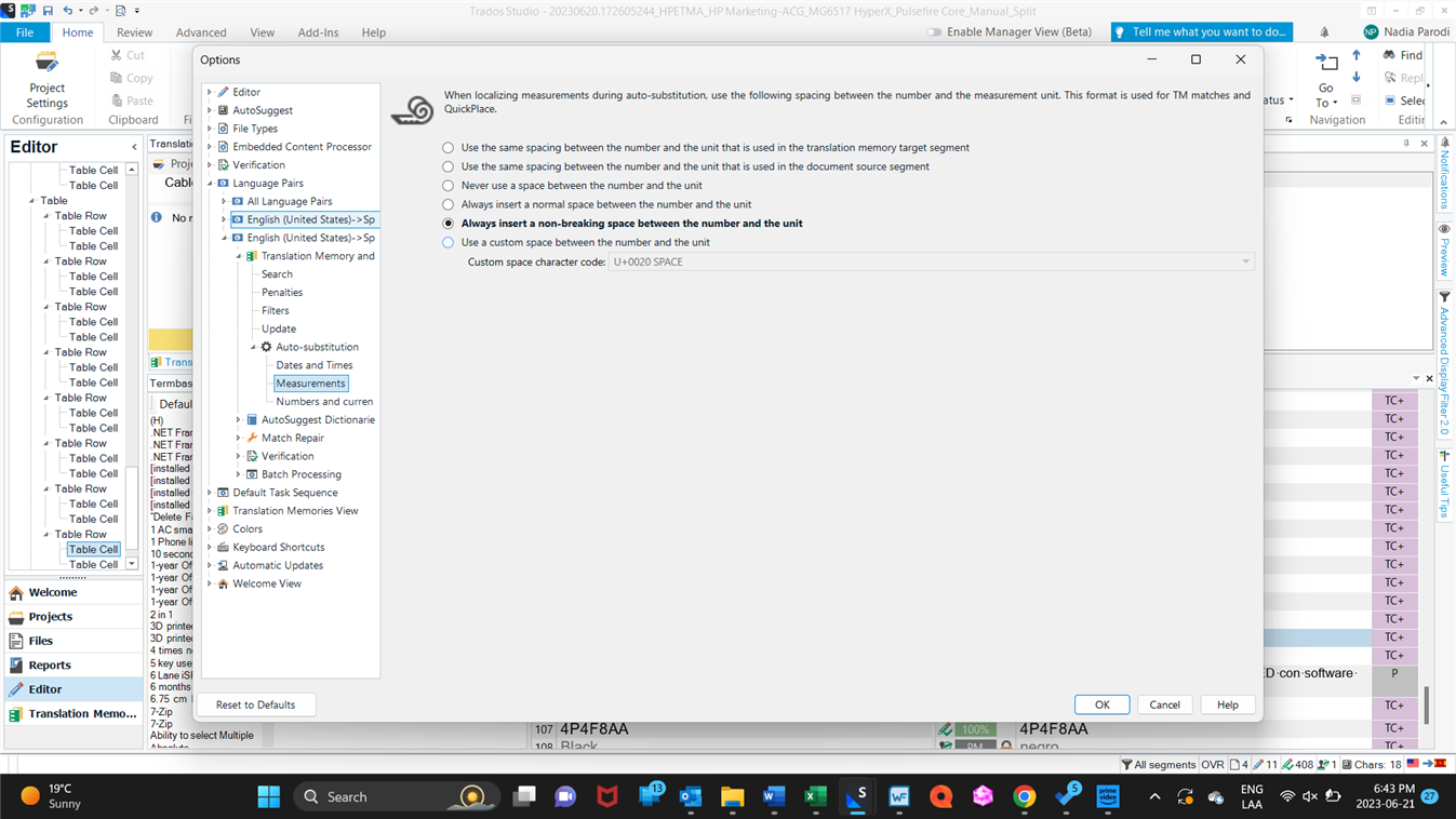Trados Studio options menu with 'Always insert a non-breaking space between the number and the unit' selected under 'Auto-substitution' for 'Measurements'.