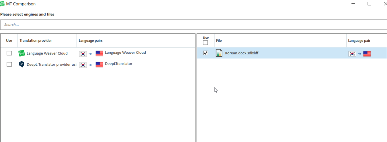 MT Comparison window showing two translation providers: Language Weaver Cloud and DeepL Translator, with language pairs Korean to English. A file named Korean.docx.sdlxliff is selected.