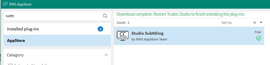 Trados Studio screenshot showing RWS AppStore with a notification 'Download complete. Restart Trados Studio to finish installing the plug-ins.' and 'Studio Subtitling' by RWS AppStore Team plugin displayed as installed.