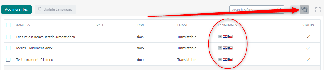 Screenshot of Trados Enterprise main tenant interface with project files listed and a red arrow indicating the advanced view settings icon, and the languages column circled in red.