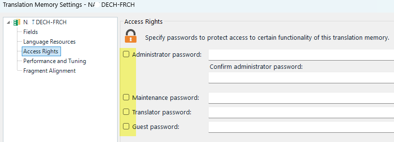 Trados Studio Translation Memory Settings dialog showing Access Rights section with options to set Administrator, Maintenance, Translator, and Guest passwords.