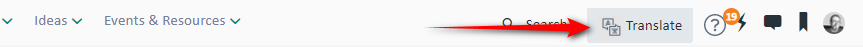 Top menu of a community website with a 'Translate' button on the top right, next to a Language Weaver icon, indicating integration for content translation.